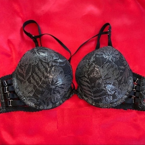 32B Small  2 Pc Set Very Sexy Push-Up Bra + thong panty black shimmer lace - Picture 7 of 8